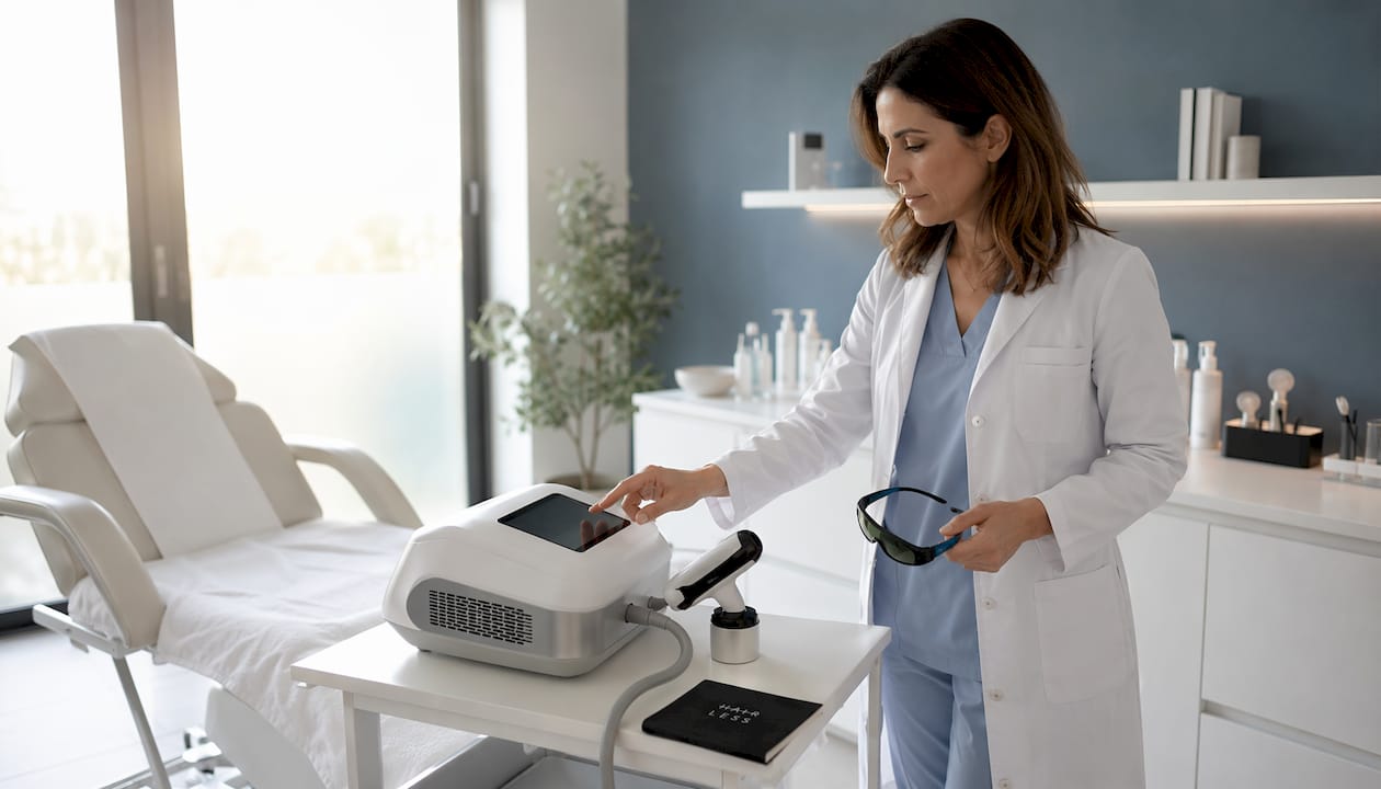 Dermatolog si v ambulancii pripravuje laserový prístroj na ošetrenie.