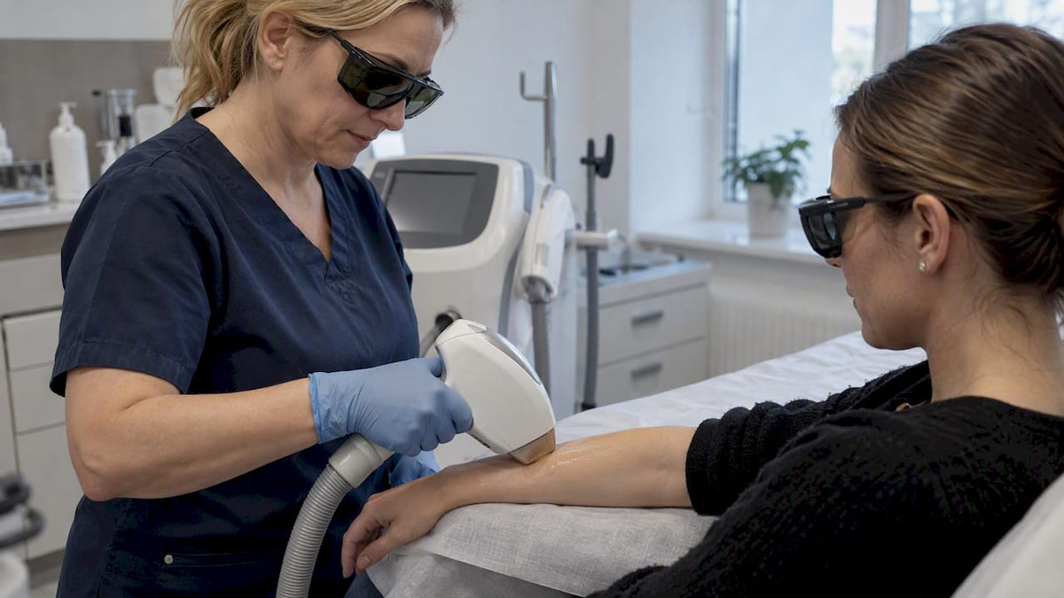Špecialistka testuje laserový impulz na predlaktí klientky