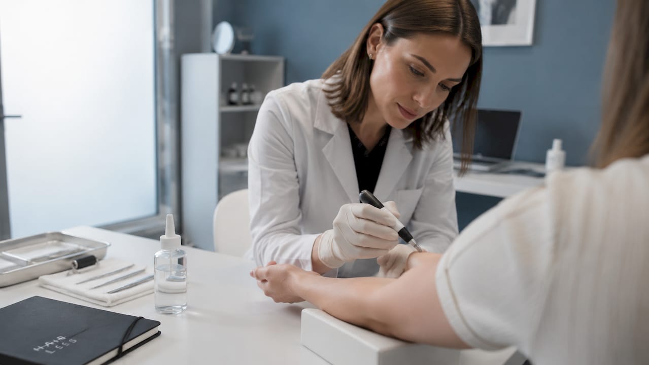 Kožný lekár vykonáva test na zistenie kožnej reakcie na predlaktí pacienta.