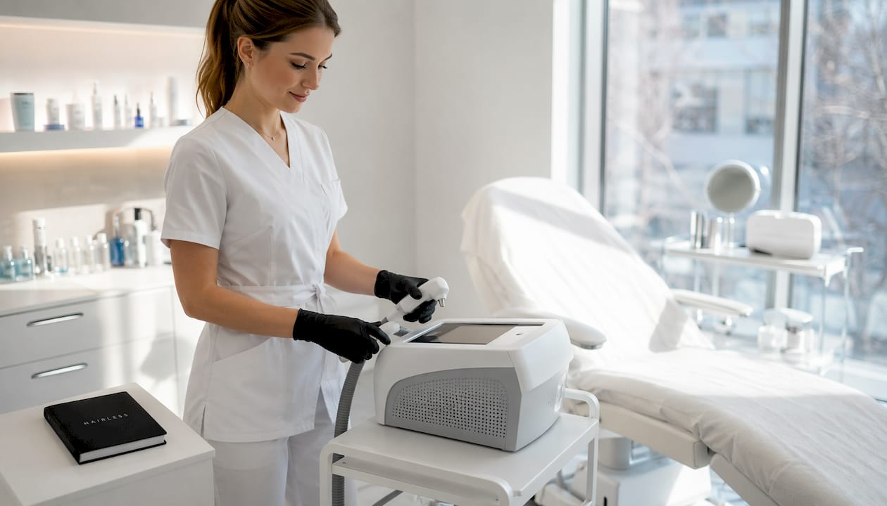 Dermatologička pripravuje laserový epilátor na ošetrenie v ambulancii.