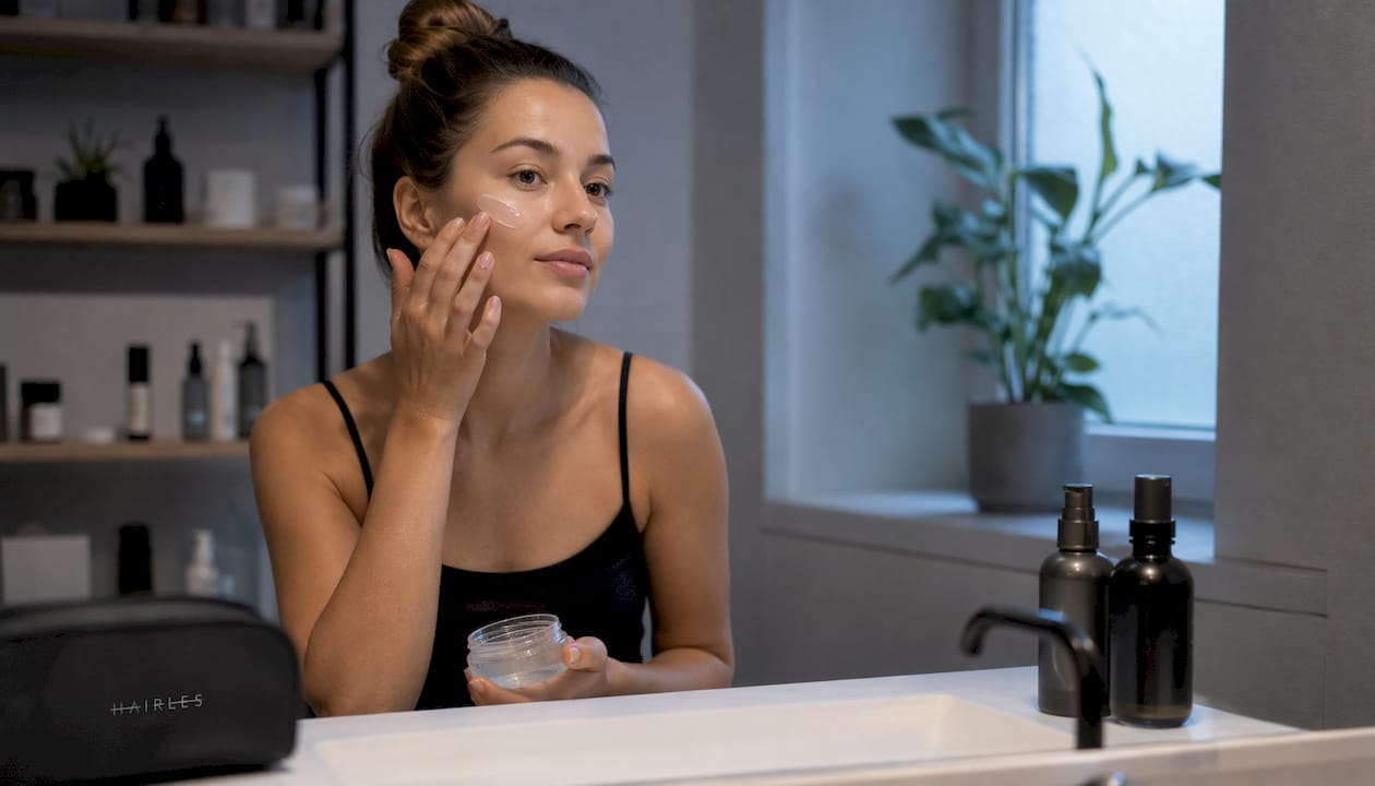 Žena si po depilácii tváre nanáša upokojujúci gél, aby zmiernila podráždenie pokožky.