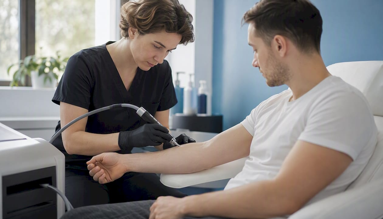 Odborník vykonáva test znášanlivosti laseru na predlaktí klienta.
